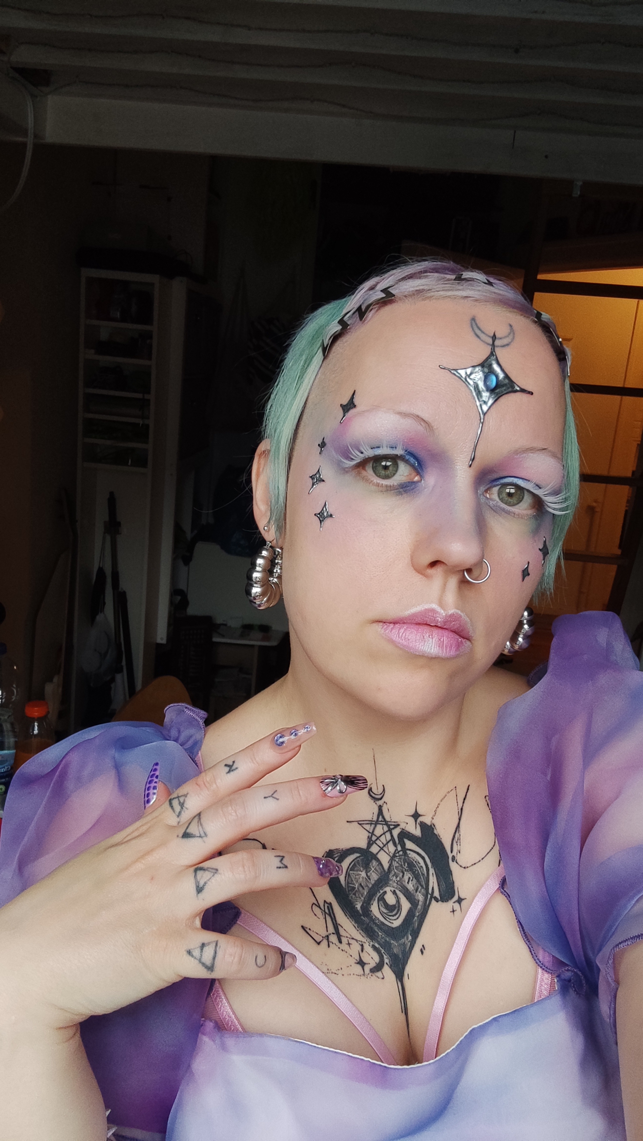 purple makeup white lashes