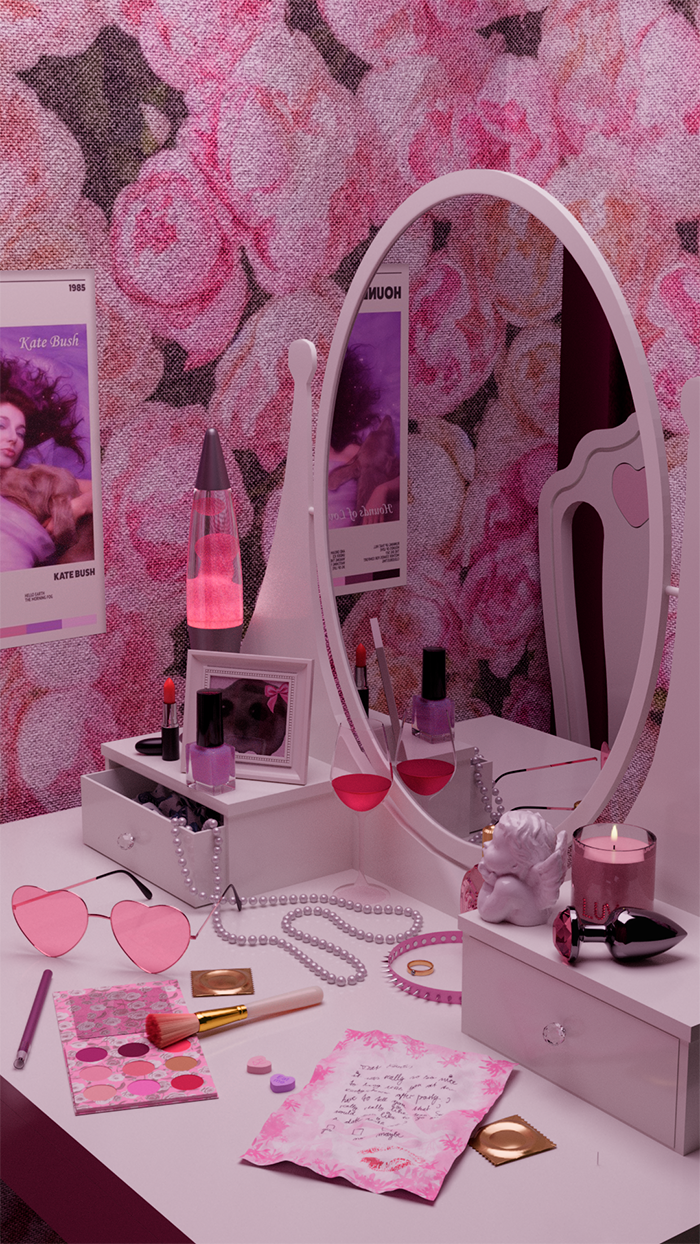 digital 3D render of vanity with objects